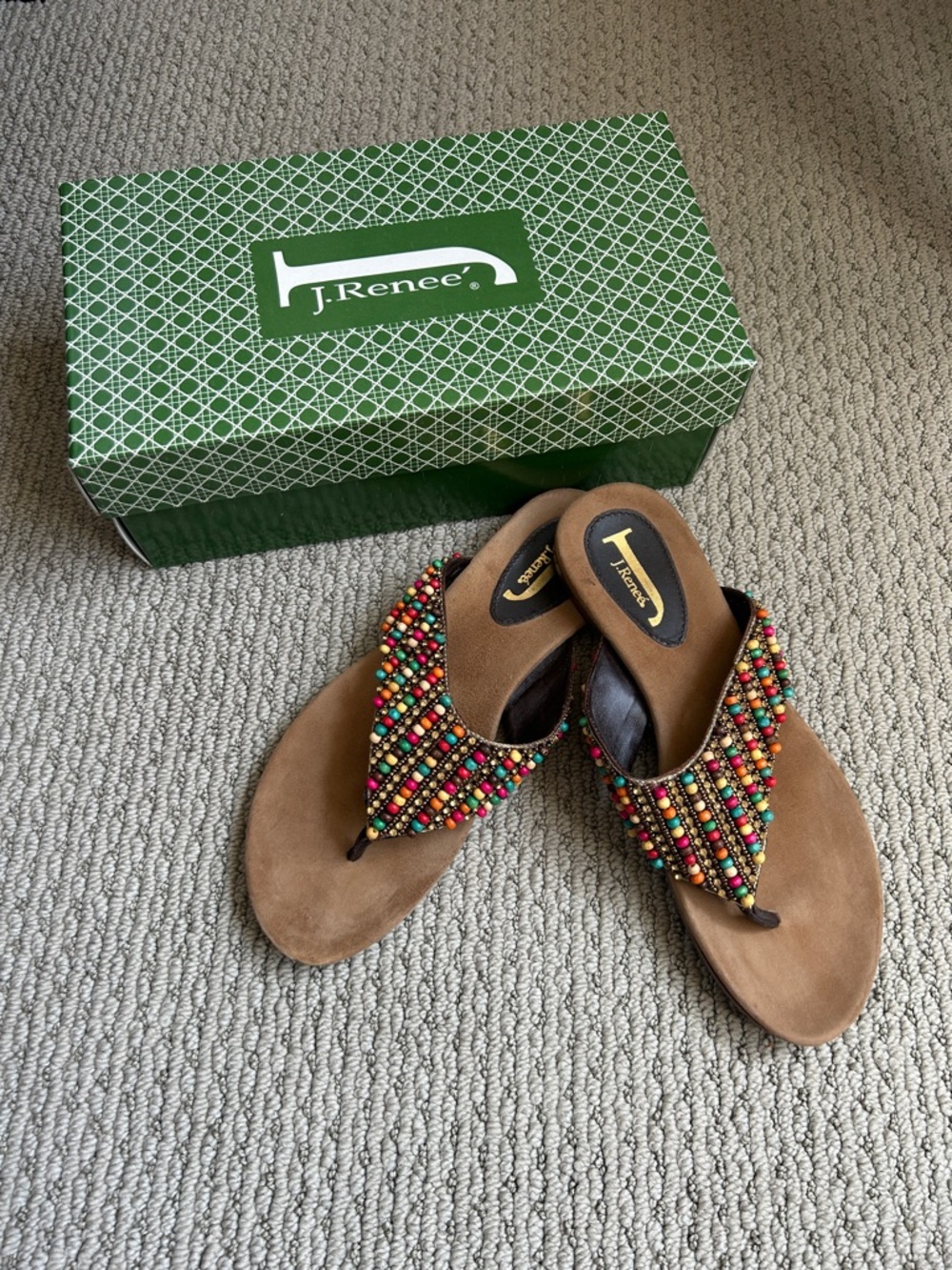 J.Renee Brown Thong Sandals with Multicolor Beaded Straps